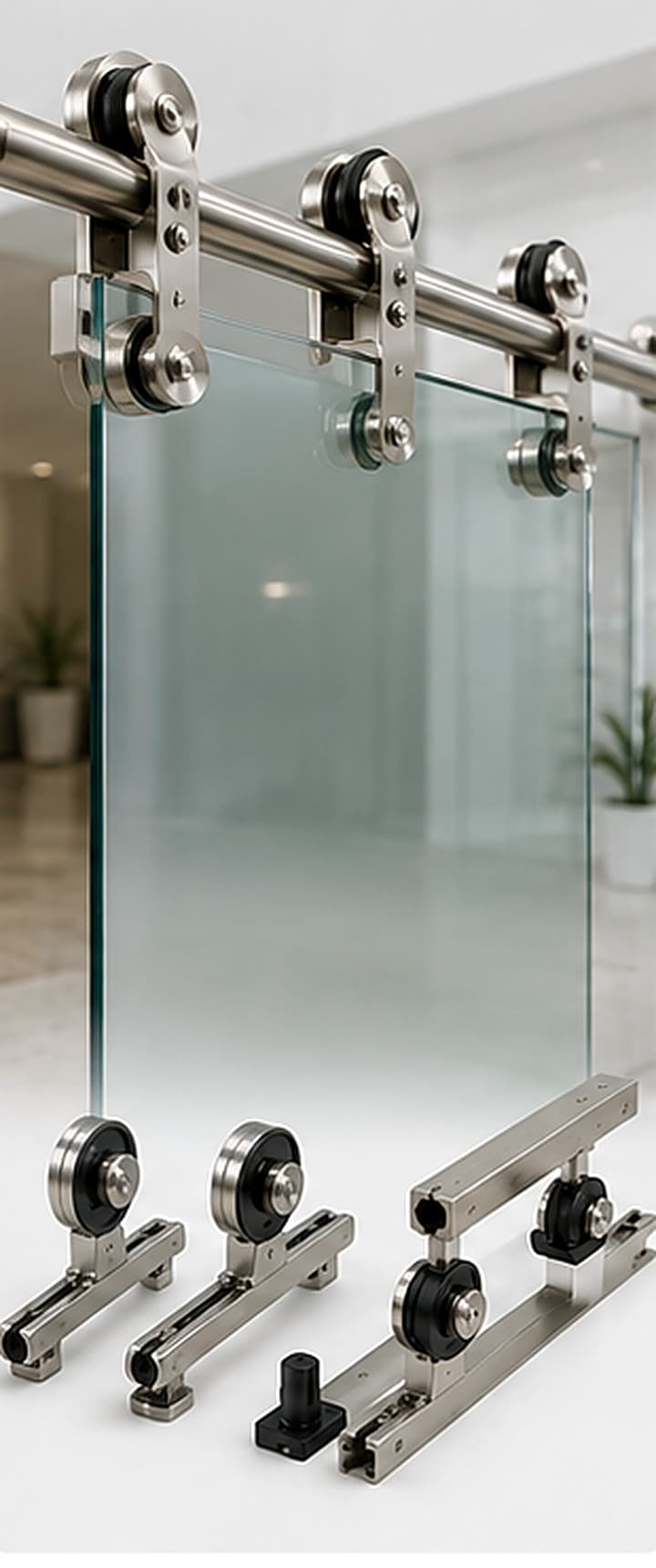 Frameless sliding glass door with roller hardware