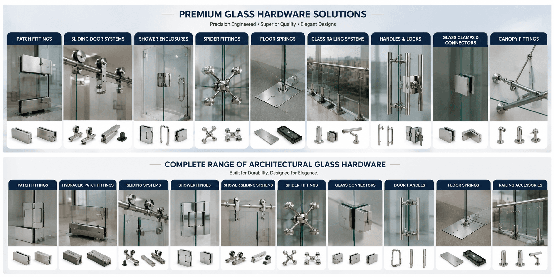 Complete range of architectural glass hardware — patch fittings, sliding systems, shower enclosures, spider fittings, floor springs, railing systems, handles and connectors